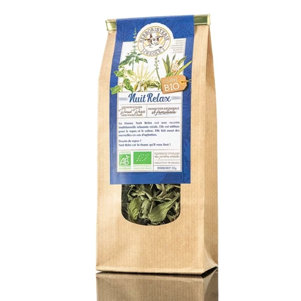 Découvrez notre Tisane Nuit relax bio, une infusion de plantes 100% naturelles soigneusement sélectionnées pour leurs bienfaits sur la santé. Profitez de cette boisson relaxante et délicieuse, idéale pour se détendre après une journée bien remplie. Commandez dès maintenant sur notre boutique en ligne Herboristerie Créole et découvrez notre large sélection de produits naturels et bio. Produits en Martinique.